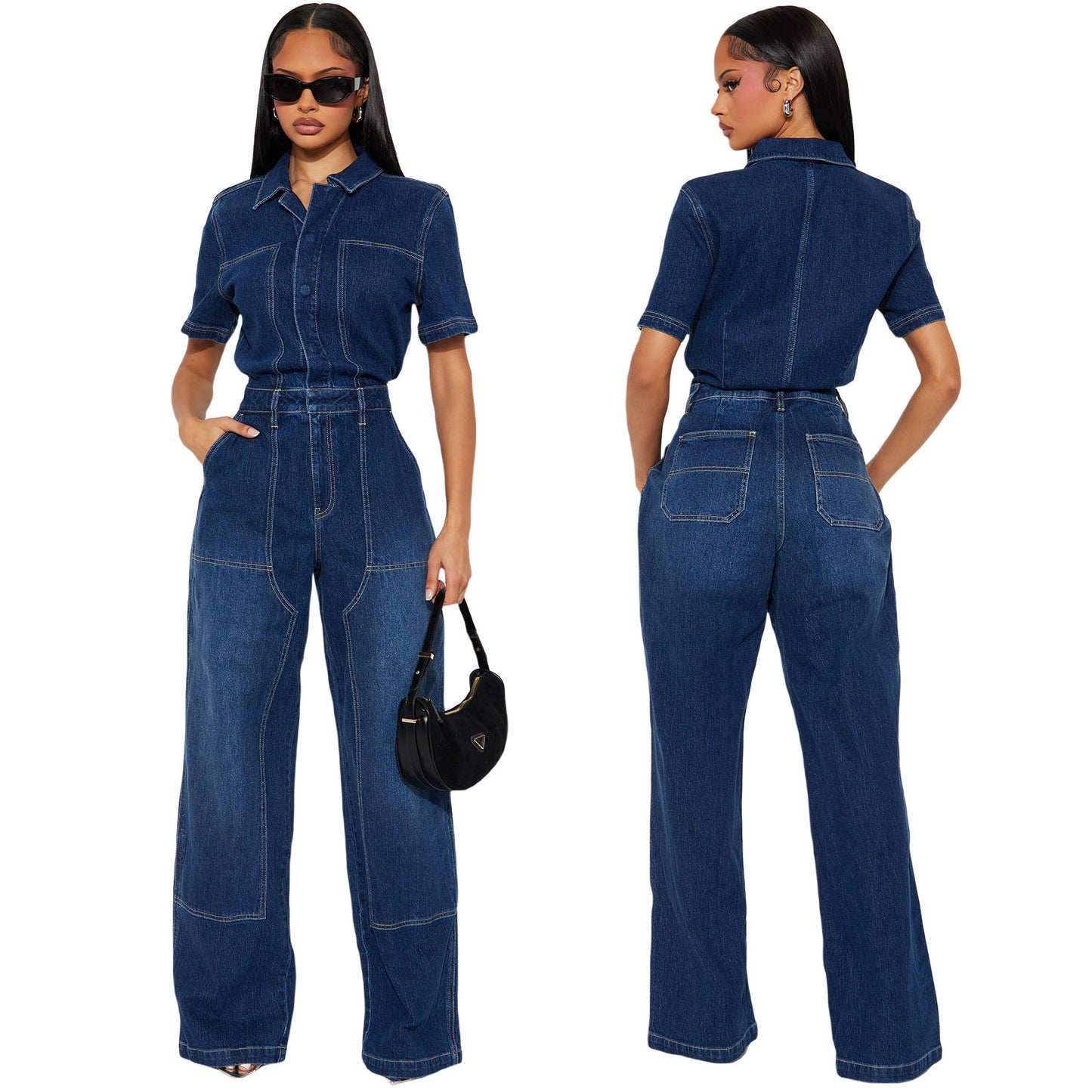 Wide leg tight waist slim fit elastic denim jumpsuit