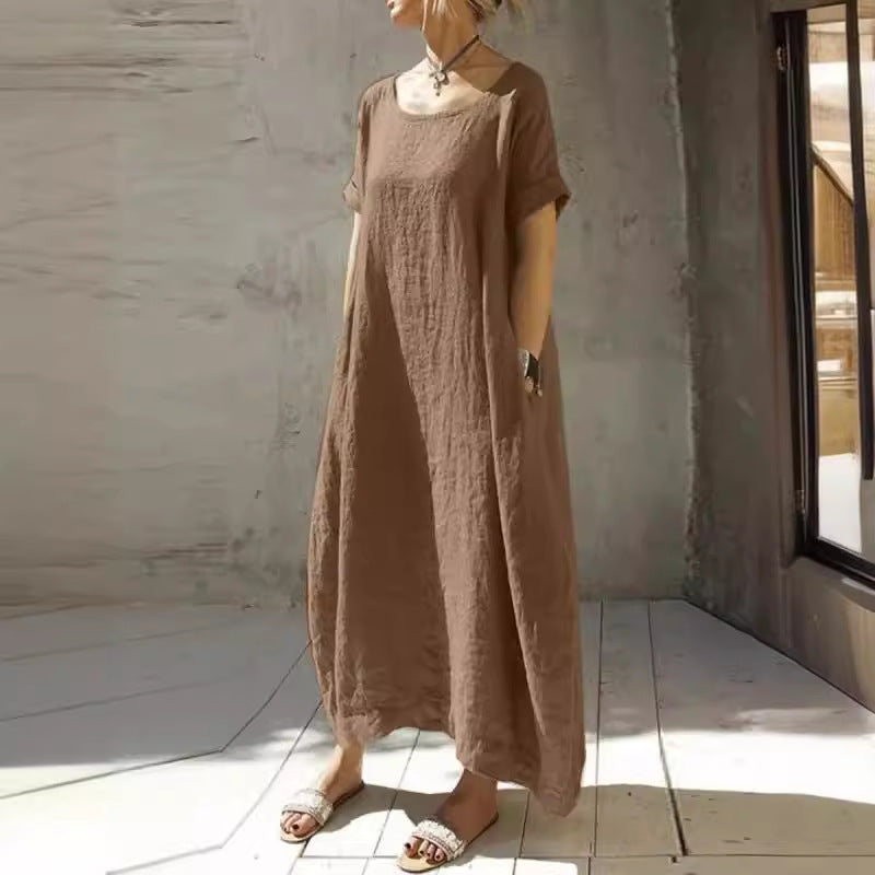 Women's Loose Plus Size Solid Color Round Neck Short Sleeve Waist Belt Slit Dress