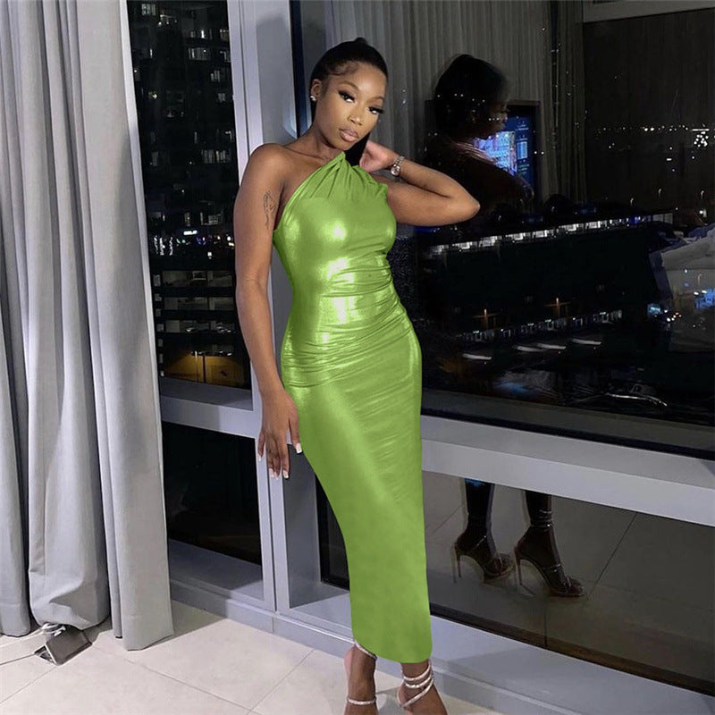 Slanted Shoulder Waist Bag Hip Mid length Dress