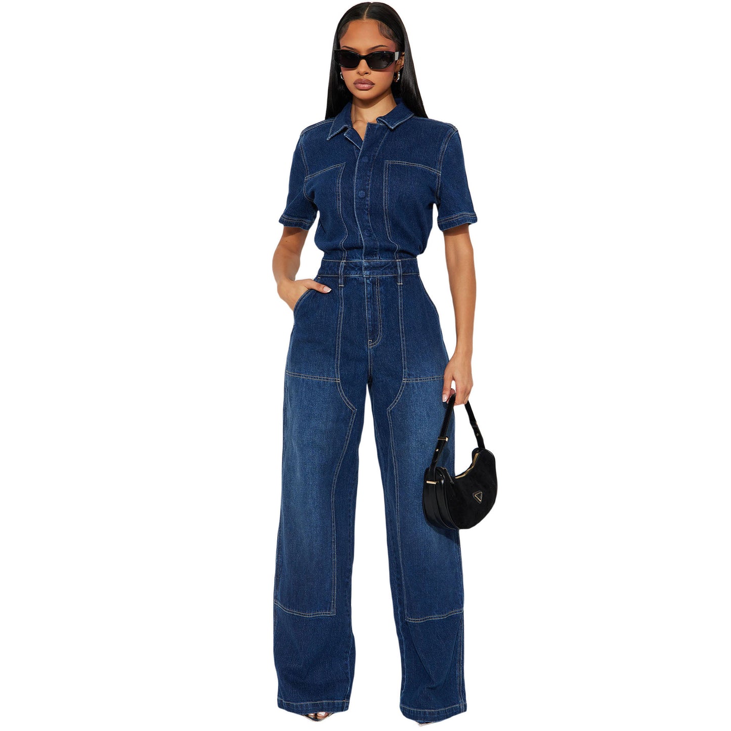 Wide leg tight waist slim fit elastic denim jumpsuit