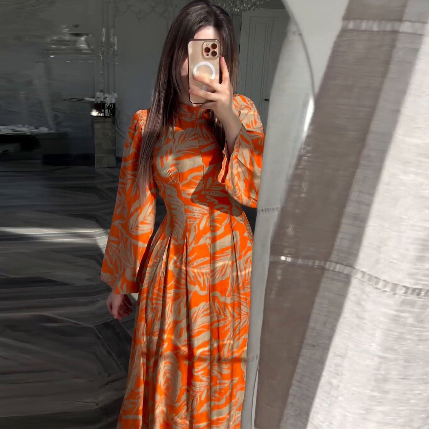Elegant Long Sleeve High Waist Fitted Flared Dress