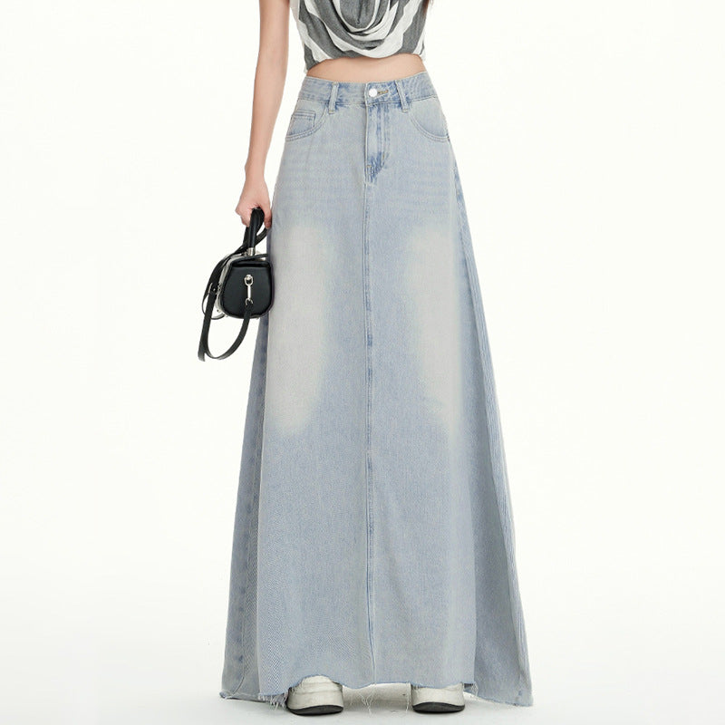 Style High-Waisted Flowy Denim Skirt Women's Spring Summer  Frayed Hem Flared Denim Skirt