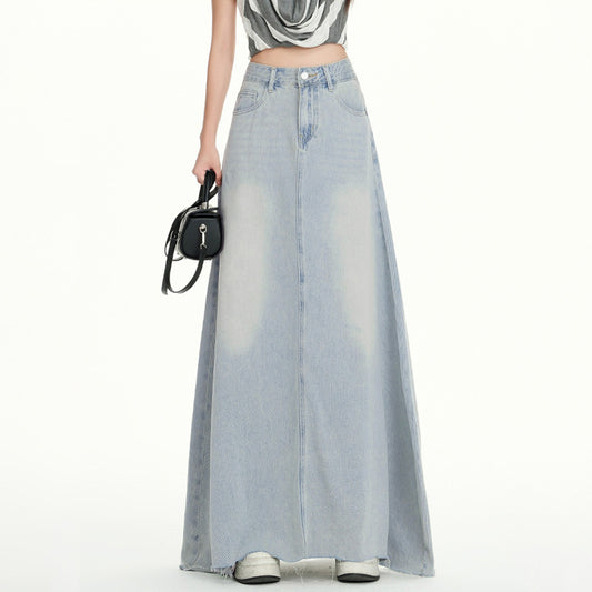 Style High-Waisted Flowy Denim Skirt Women's Spring Summer  Frayed Hem Flared Denim Skirt