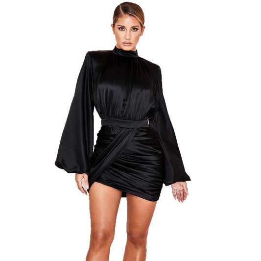 Pure Color Lantern Sleeve Irregular Hem Fitted Women's Dress