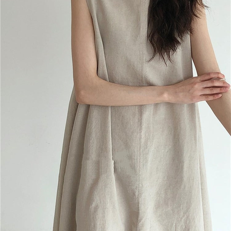 Loose Fit Sleeveless Pumpkin Color Long Cotton Linen Dress