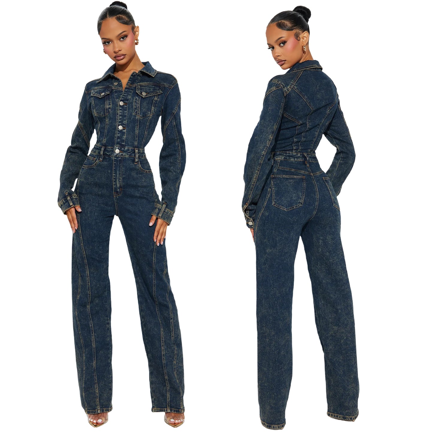 Loose elastic long sleeved denim jumpsuit
