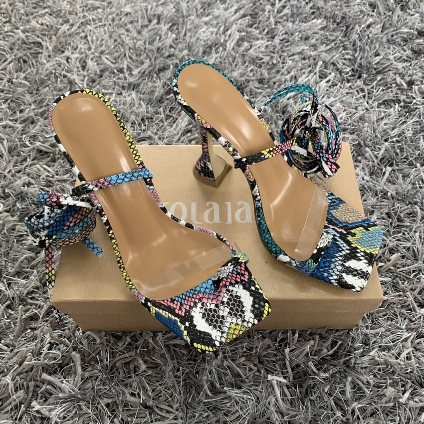 Women High Heels Sandals Summer Outside Snake Print Shoes Woman Lace-Up Cross Strap Gladiator Sandals 11.5CM Heels