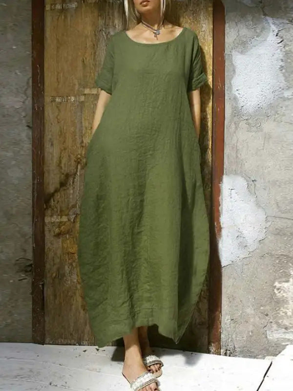 Women's Loose Plus Size Solid Color Round Neck Short Sleeve Waist Belt Slit Dress