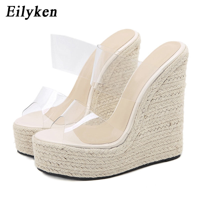 Summer PVC Transparent Peep Toe Cane Straw Weave Platform Wedges Slippers Sandals Women Fashion High Heels Female Shoes