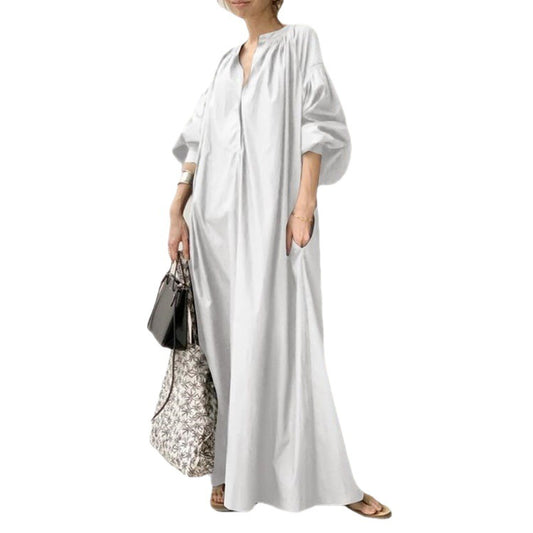 Solid Color Cotton Linen Loose Lantern Sleeve Flared Dress