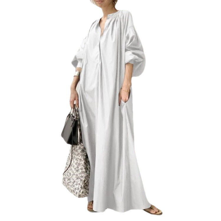 Solid Color Cotton Linen Loose Lantern Sleeve Flared Dress