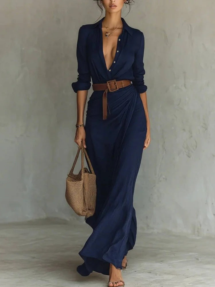 Elegant and Charming Irregular Pleated Solid Color Dress with Waistband