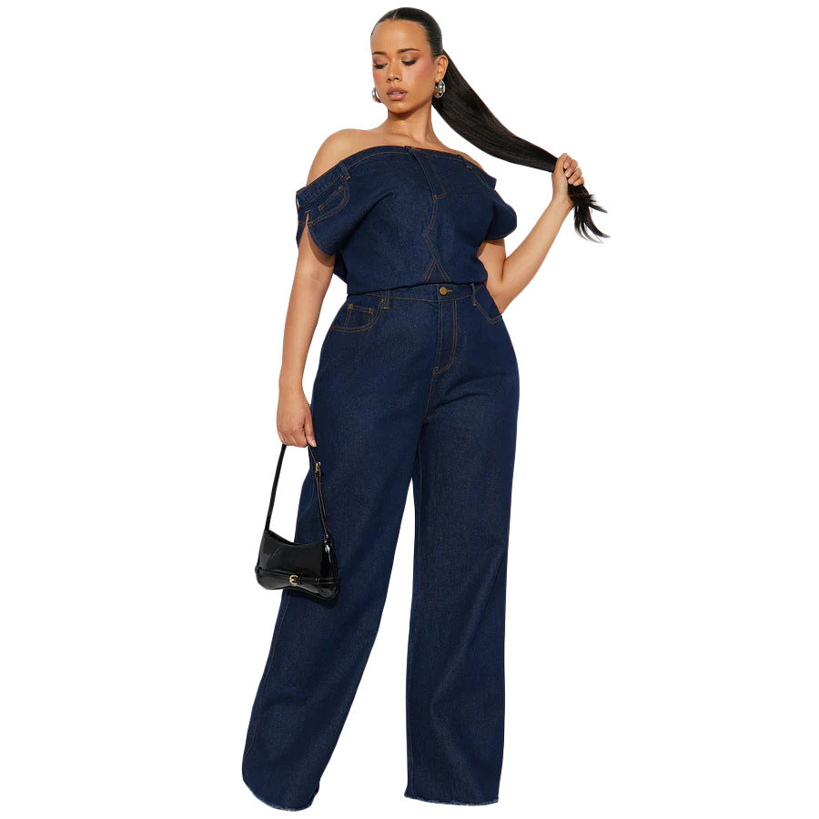 Strapless one shoulder slim fit denim jumpsuit