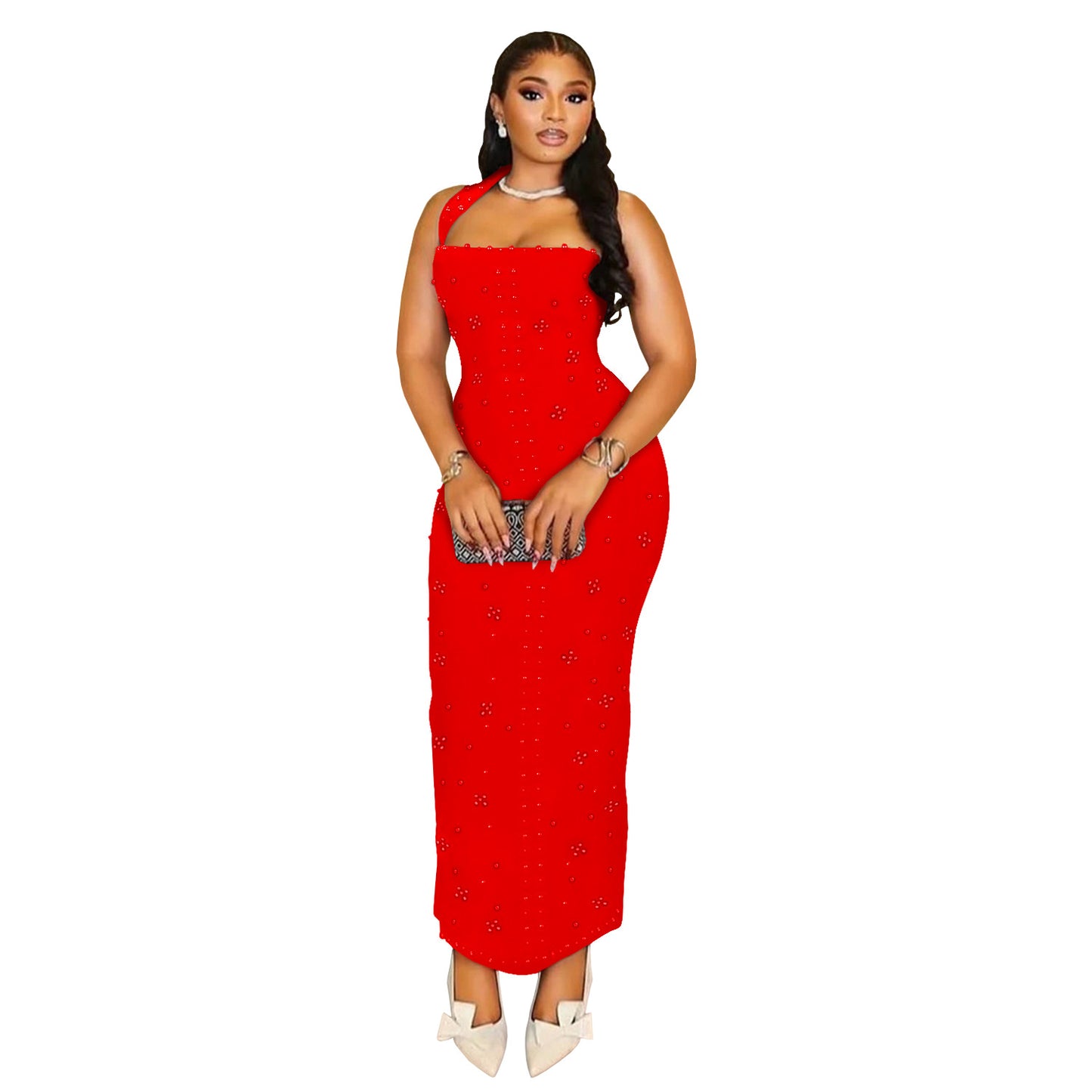 Women's Off-the-Shoulder Rhinestone Beaded Fitted Bodycon Dress