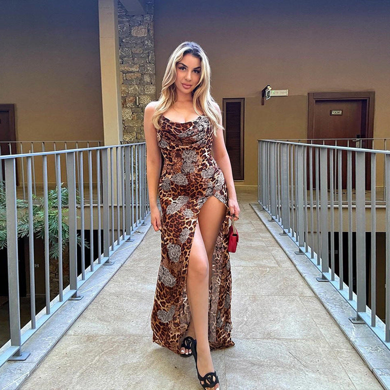 Women's Sexy Leopard Print Strapless Long Dress Deep V Slit Design Dress