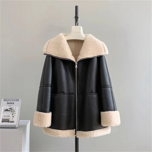 Autumn and winter New women's Cashmere collar composite leather jacket y2k high Quality ComfortableWarm Casual HighCollar Jacket