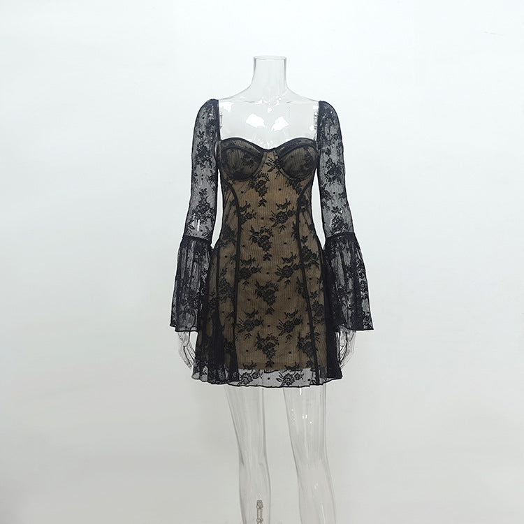 Temperament Lace Square Neck Flared Sleeve Waist-Cinched Bodycon Short Skirt