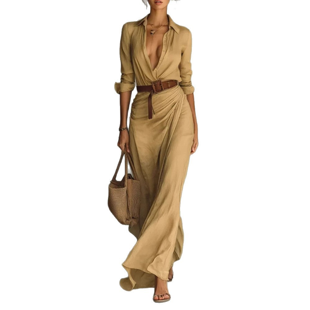 Elegant and Charming Irregular Pleated Solid Color Dress with Waistband