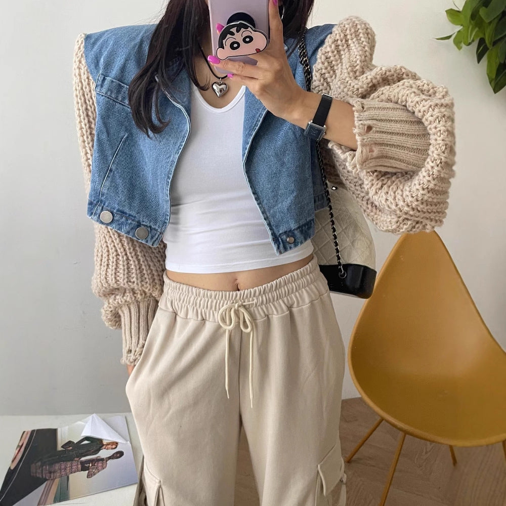 Autumn design sense splicing knitted sleeves loose niche casual jacket short denim jacket