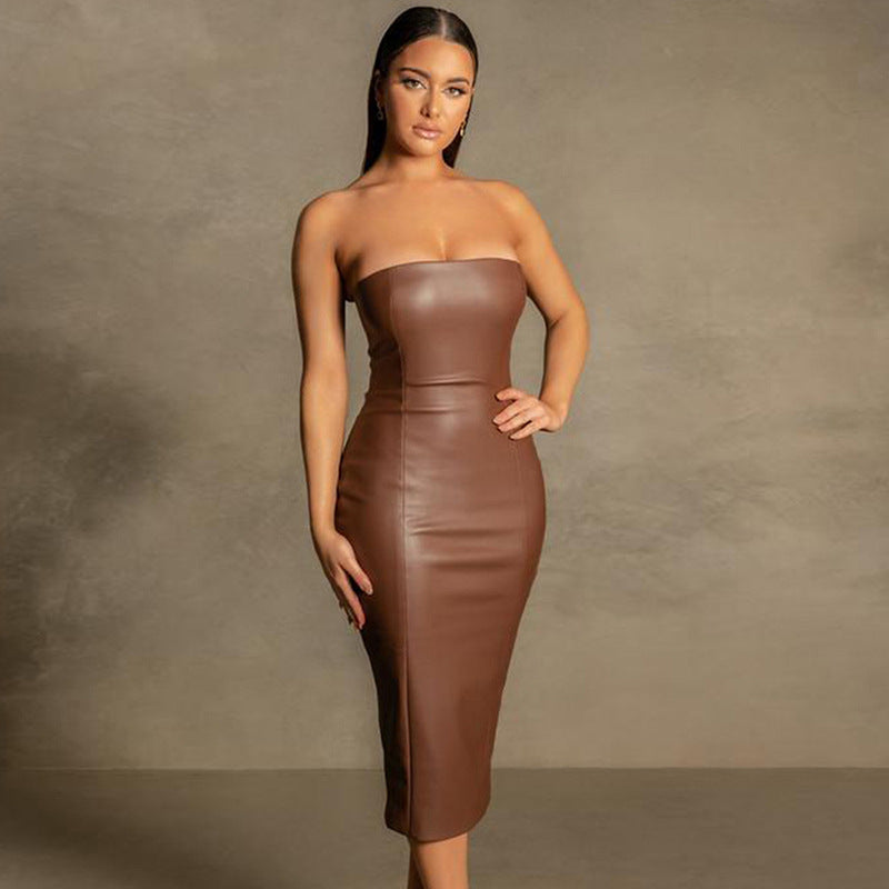 One neck slim fit hip hugging skirt with split PU women's dress
