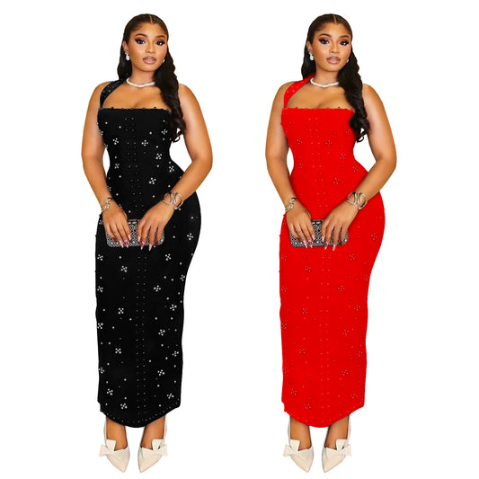 Women's Off-the-Shoulder Rhinestone Beaded Fitted Bodycon Dress