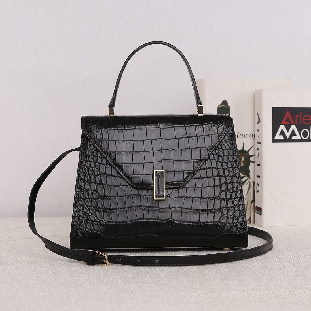 Genuine Crocodile Skin Leather Top Handle Bags Black-0