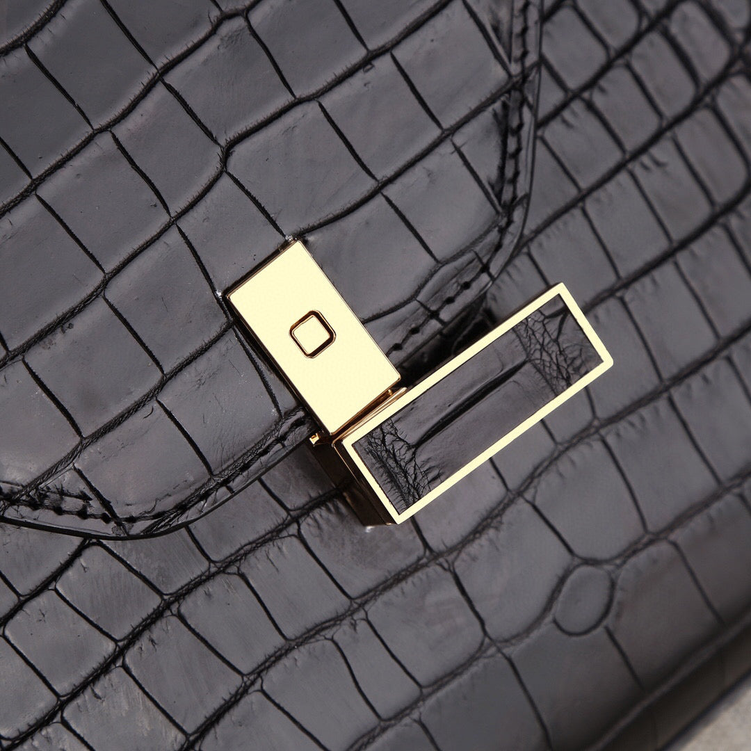 Genuine Crocodile Skin Leather Top Handle Bags Black-4