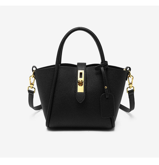 NNEDSZ Black Genuine Leather Women's Handbag - Stylish Bucket Bag with Top Handle and Crossbody Strap-0