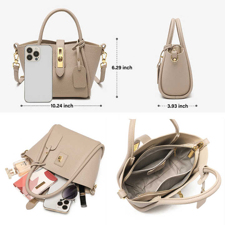 NNEDSZ Beige Genuine Leather Women's Handbag - Stylish Bucket Bag with Top Handle and Crossbody Strap-1