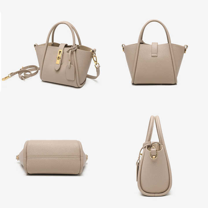 NNEDSZ Beige Genuine Leather Women's Handbag - Stylish Bucket Bag with Top Handle and Crossbody Strap-2