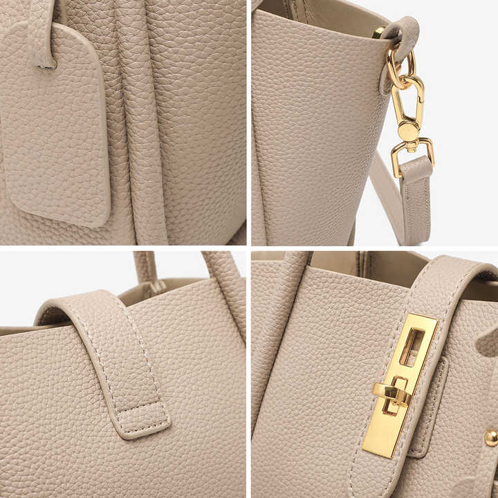 NNEDSZ Beige Genuine Leather Women's Handbag - Stylish Bucket Bag with Top Handle and Crossbody Strap-3