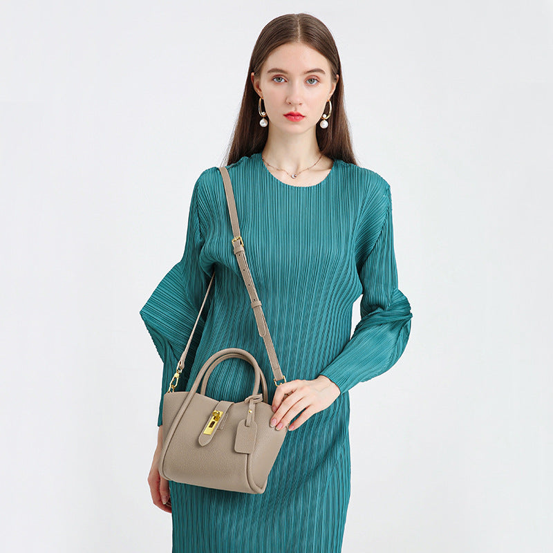 NNEDSZ Beige Genuine Leather Women's Handbag - Stylish Bucket Bag with Top Handle and Crossbody Strap-4