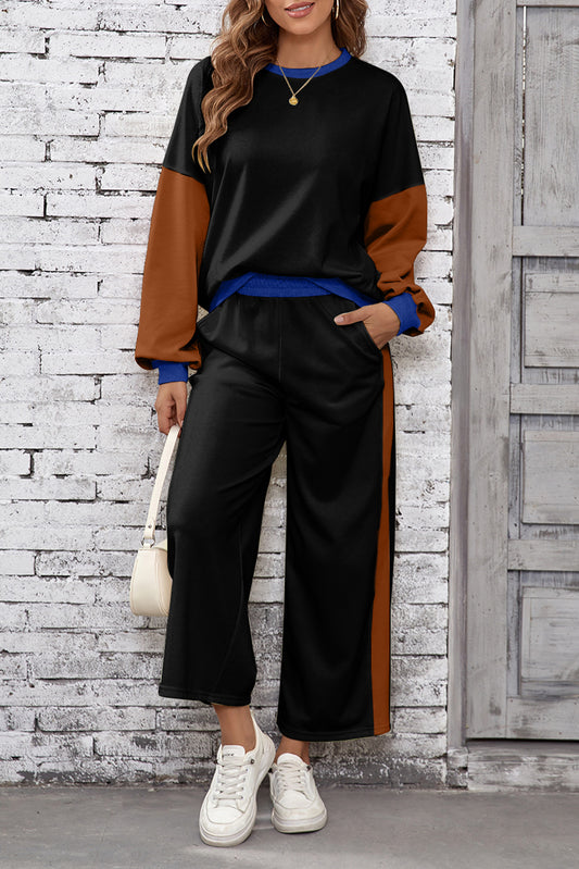 Black 2pcs Color Block Pullover Loose Pant Set